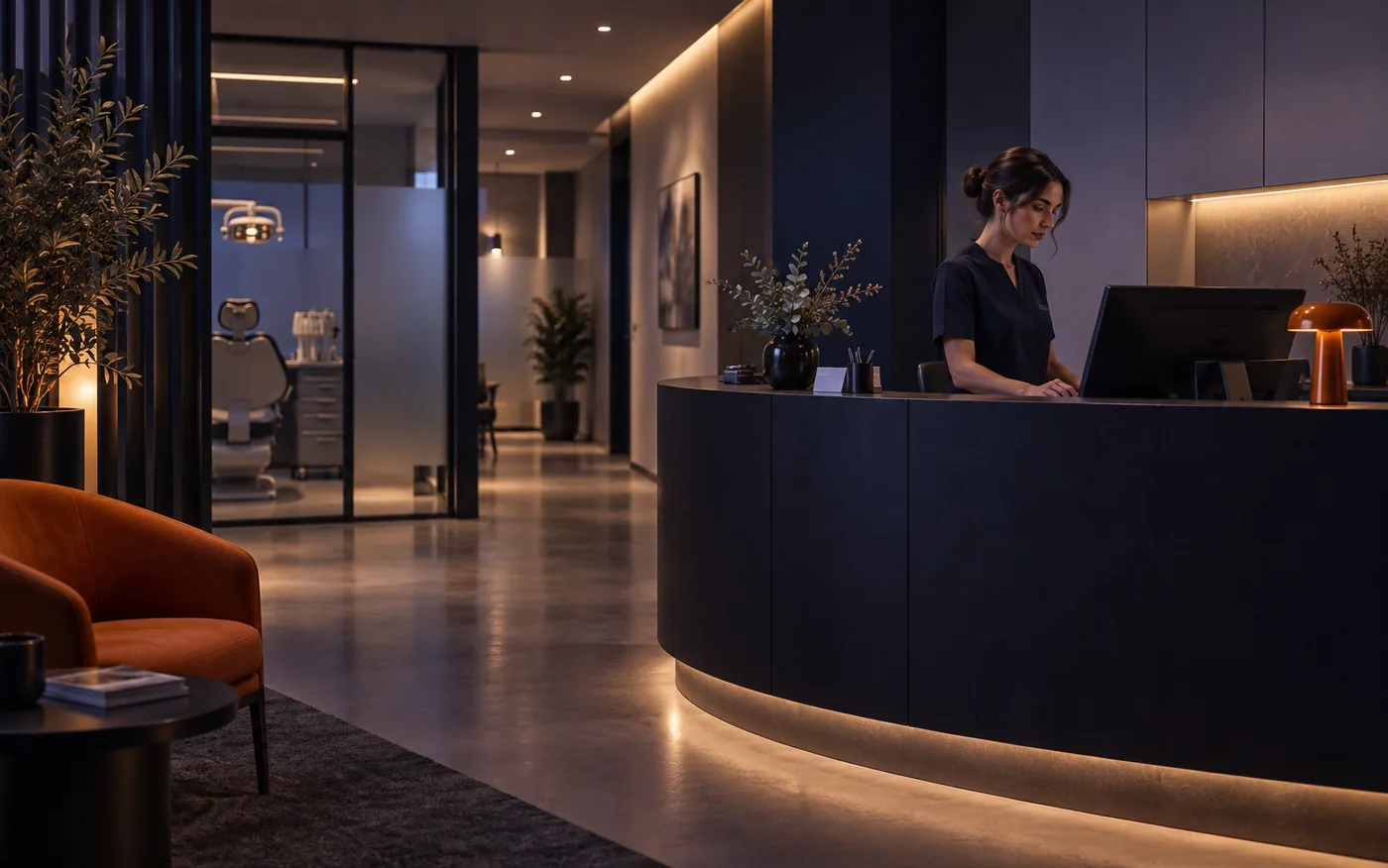Recepción de una clínica dental, con la auxiliar atendiendo en el mostrador y una sala de tratamiento al fondo