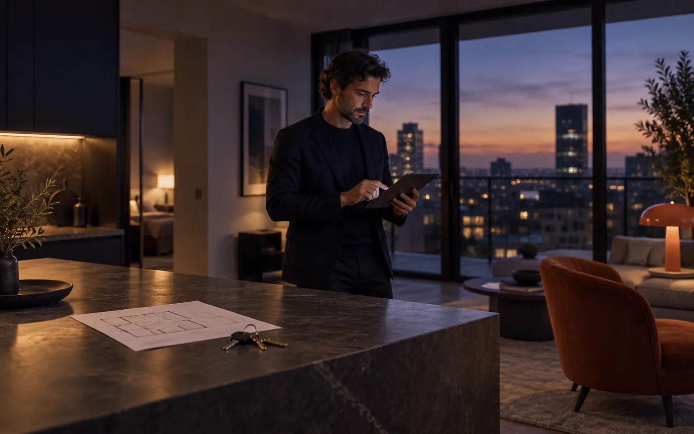 Agente inmobiliario revisando una tablet junto a un plano y llaves, con vistas a la ciudad al atardecer